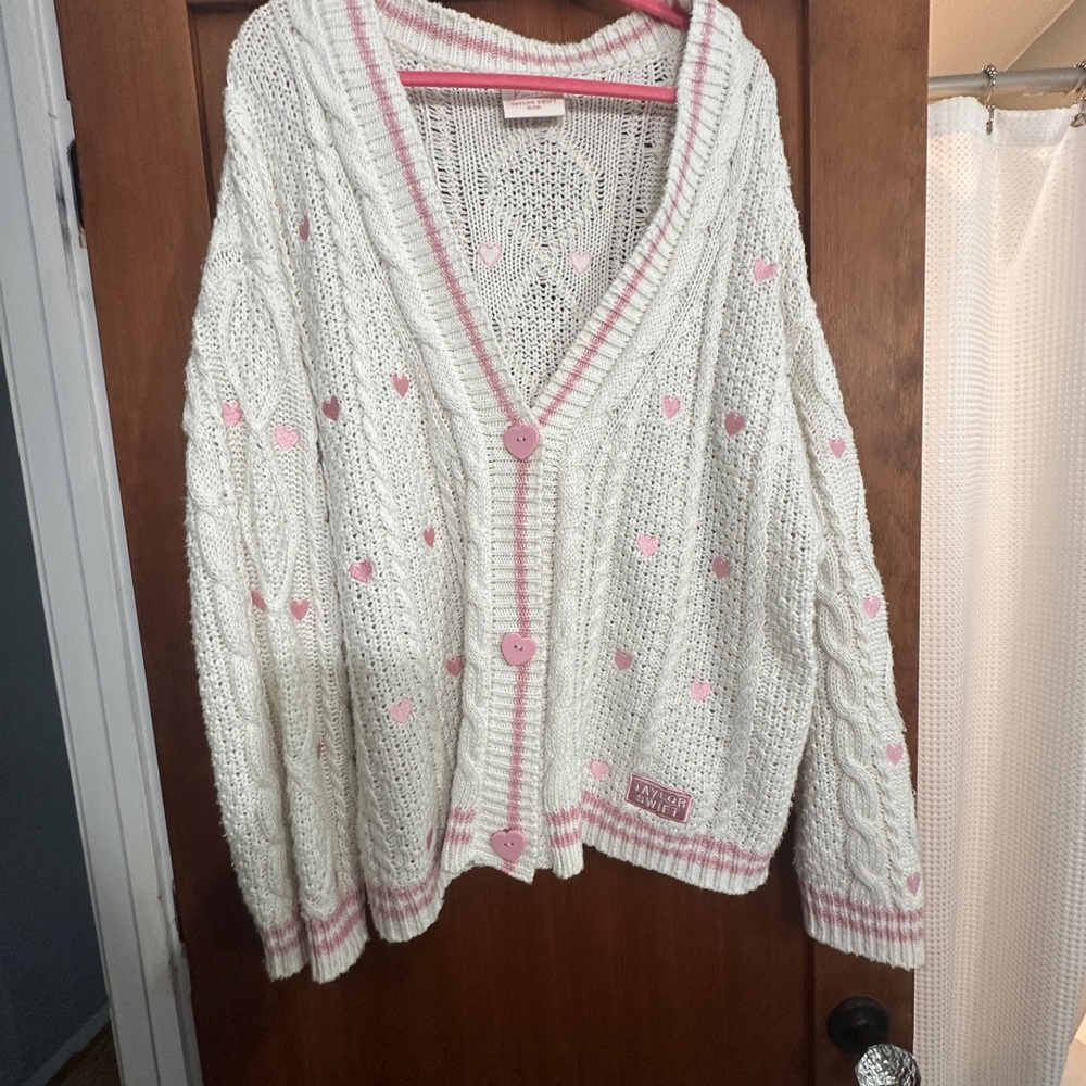 Taylor Swift White Cardigan with Pink Hearts